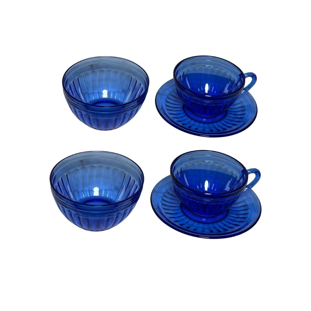 Vintage Cobalt Blue Glass Tea Set Mid Century Pressed Glass Teacups Saucers Bowl